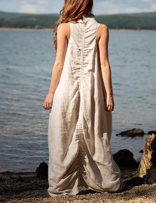 Stacey - Maxi dress in linen with ruffles, stand-up collar and back