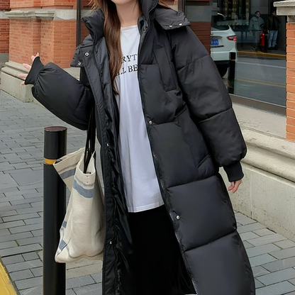 Elegant long thick down jacket with hood for women | Ideal for fall/winter