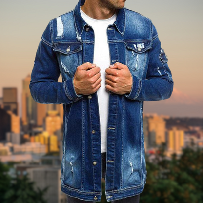 Ripped mid-length denim jacket