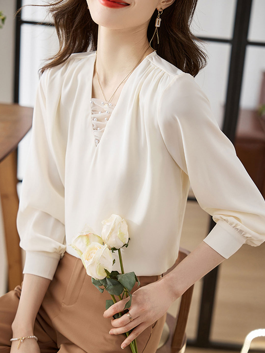 Faiza Blouse | Long Sleeve V-Neck Chiffon Blouse