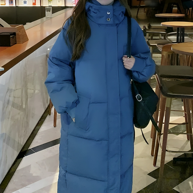 Elegant long thick down jacket with hood for women | Ideal for fall/winter