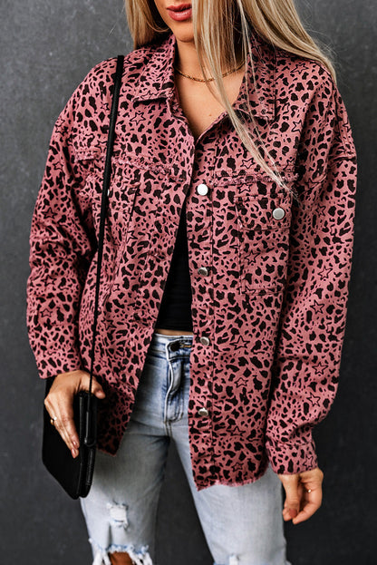 Maeve | Chic leopard print pink denim shirt jacket