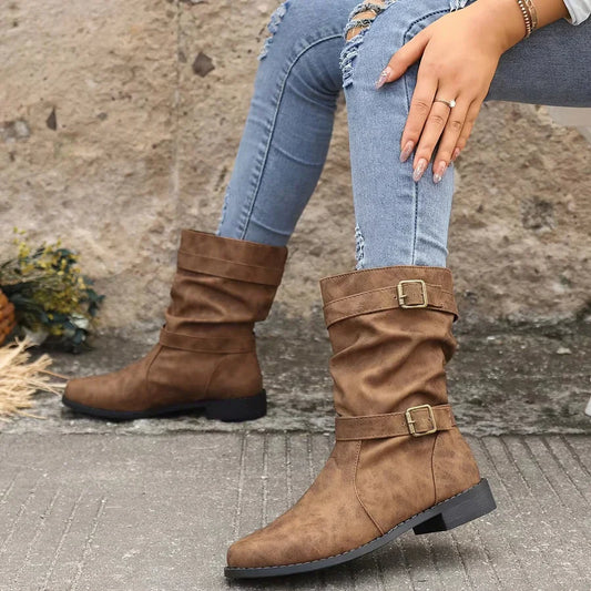 Kasha - vintage buckle strap western ankle boots for women