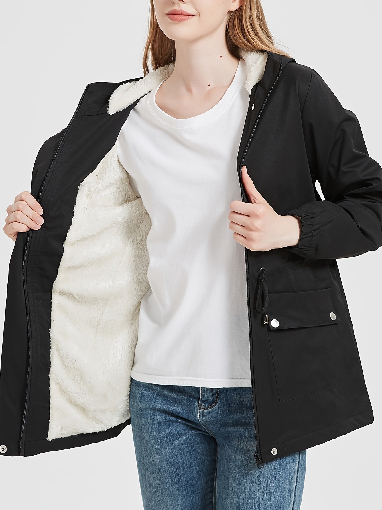 Casual black winter jacket with faux fur lining and adjustable waistband for women | Ideal for fall/winter