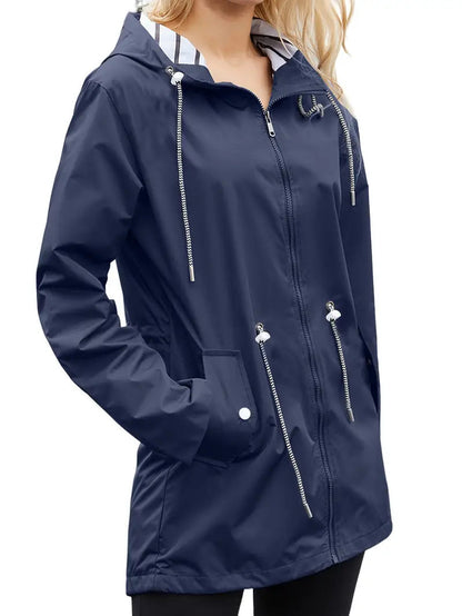 Casual waterproof rain jacket with hood and long sleeves, half-length for women | perfect for fall/winter