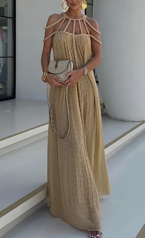 Mila - Modern and sophisticated draped maxi dress in linen blend with braids