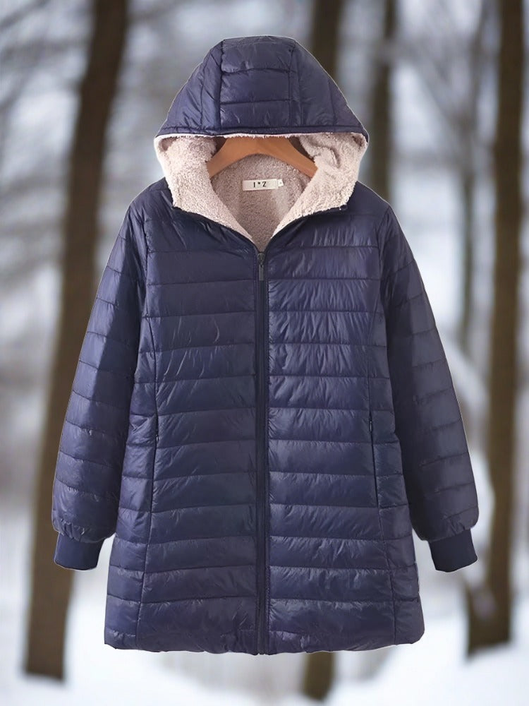 Apolline - Warm, long quilted winter jacket with hood