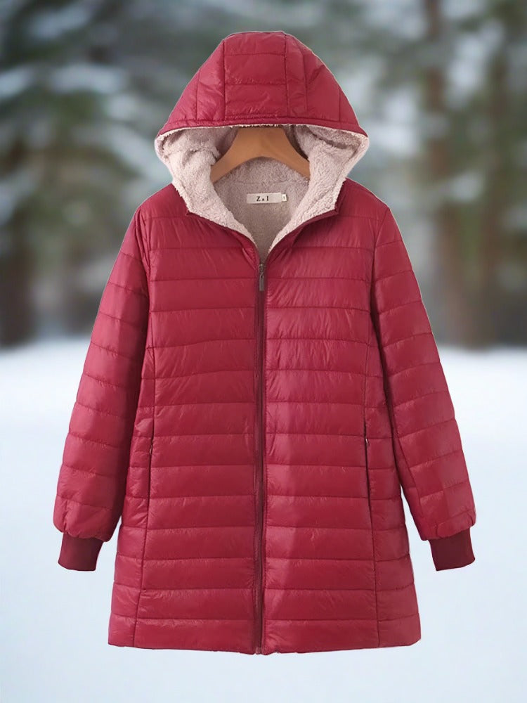 Apolline - Warm, long quilted winter jacket with hood