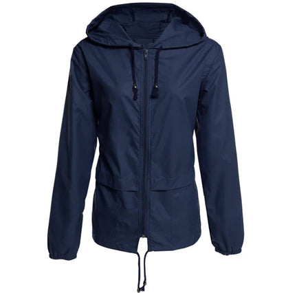 Casual mid-length rain jacket with zipper and hood for women | Perfect for fall/winter