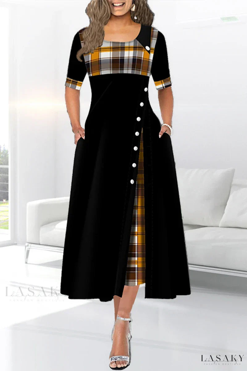 Devora - Black patchwork dress with waist neckline and skirt in vintage vintage style