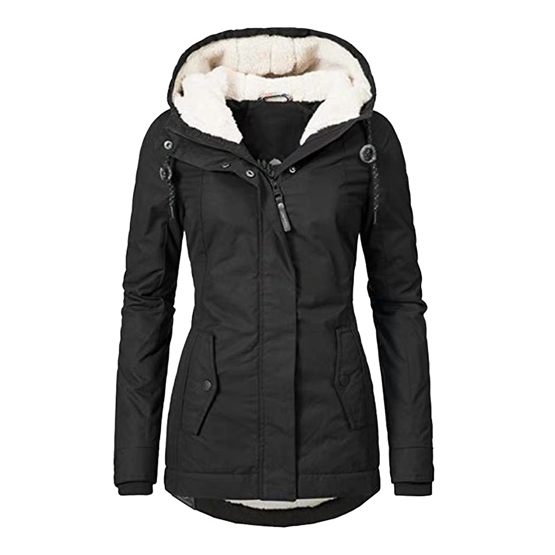 Stylish rain jacket with hood, fleece lining, zipper and pockets for women | Ideal for fall/winter