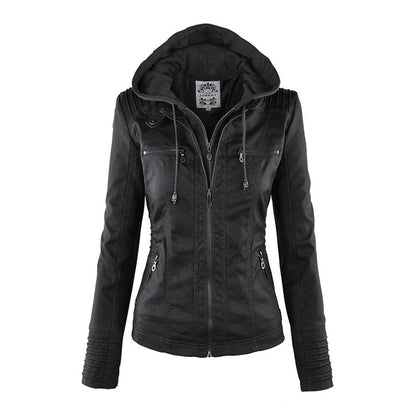 - Weatherproof women's leather jacket with hood