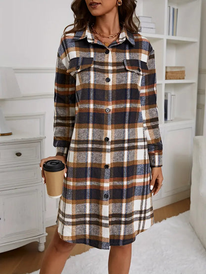 Fashionable long-sleeved jacket with check print and button placket