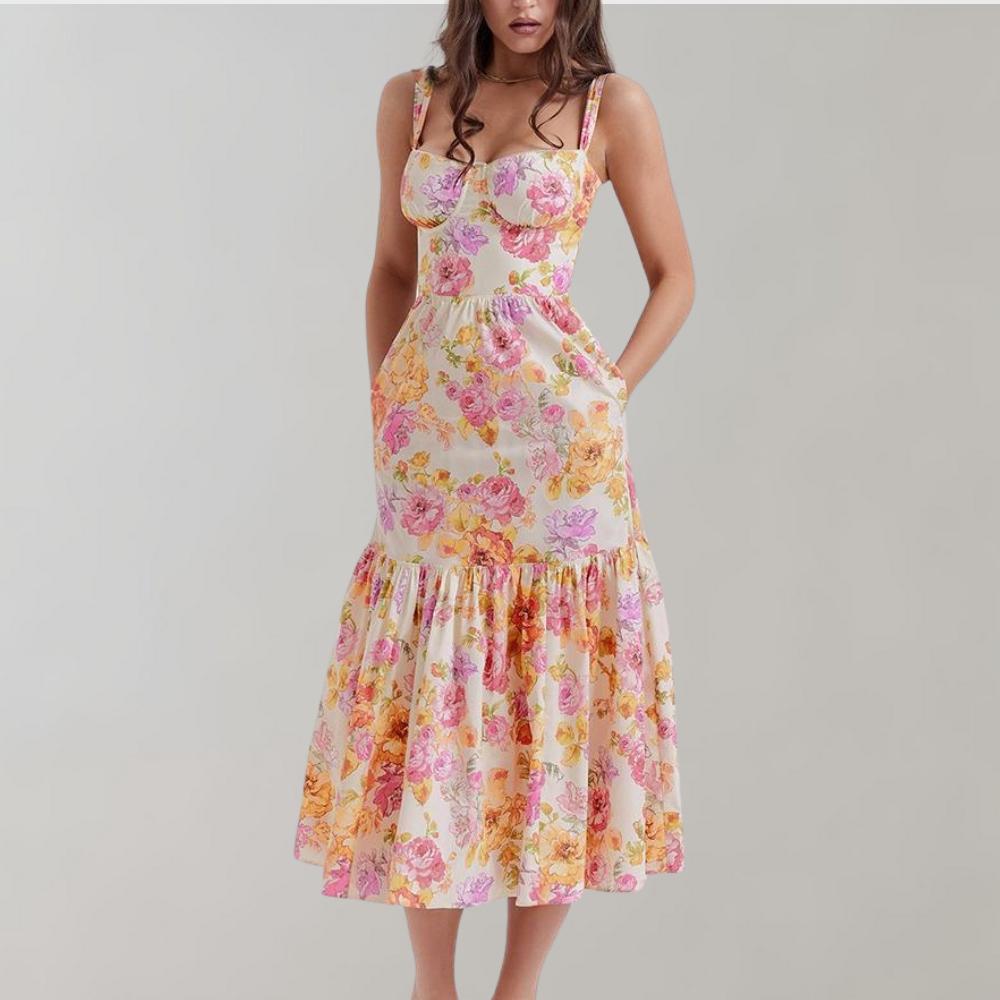 Floral and flared midi dress