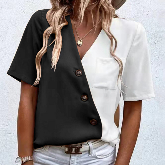 Lara - Women's blouse with chic V-neckline, button detail and two-tone elegance