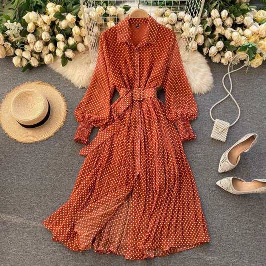 Nana - Airy Pleated Dress with Dots and Lantern Sleeves