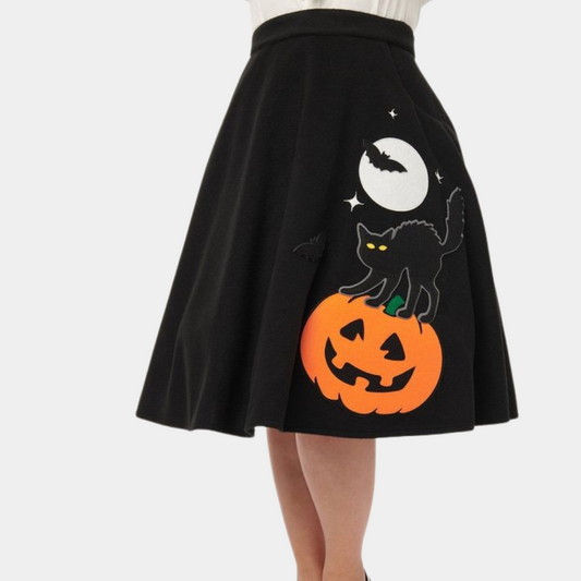 Jolan - Playful Pumpkin & Cat Skirt for Ladies