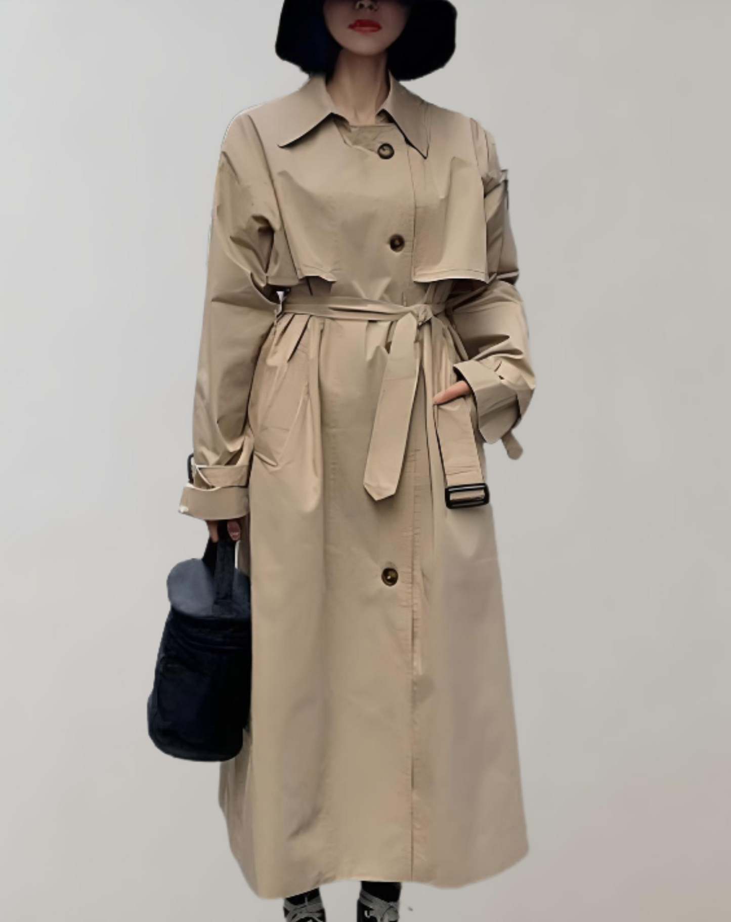 Women's long trench coat with belt and buttons