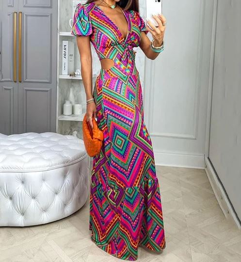 Cleopatra - V-neck Short puff sleeves Long dress with open waist.