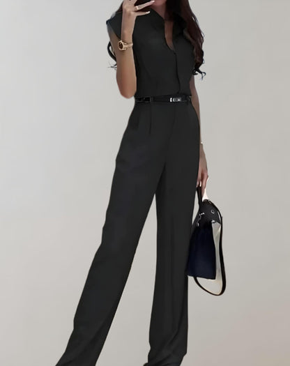 Cordilla - Button-up jumpsuit, short-sleeved top and wide-leg pants