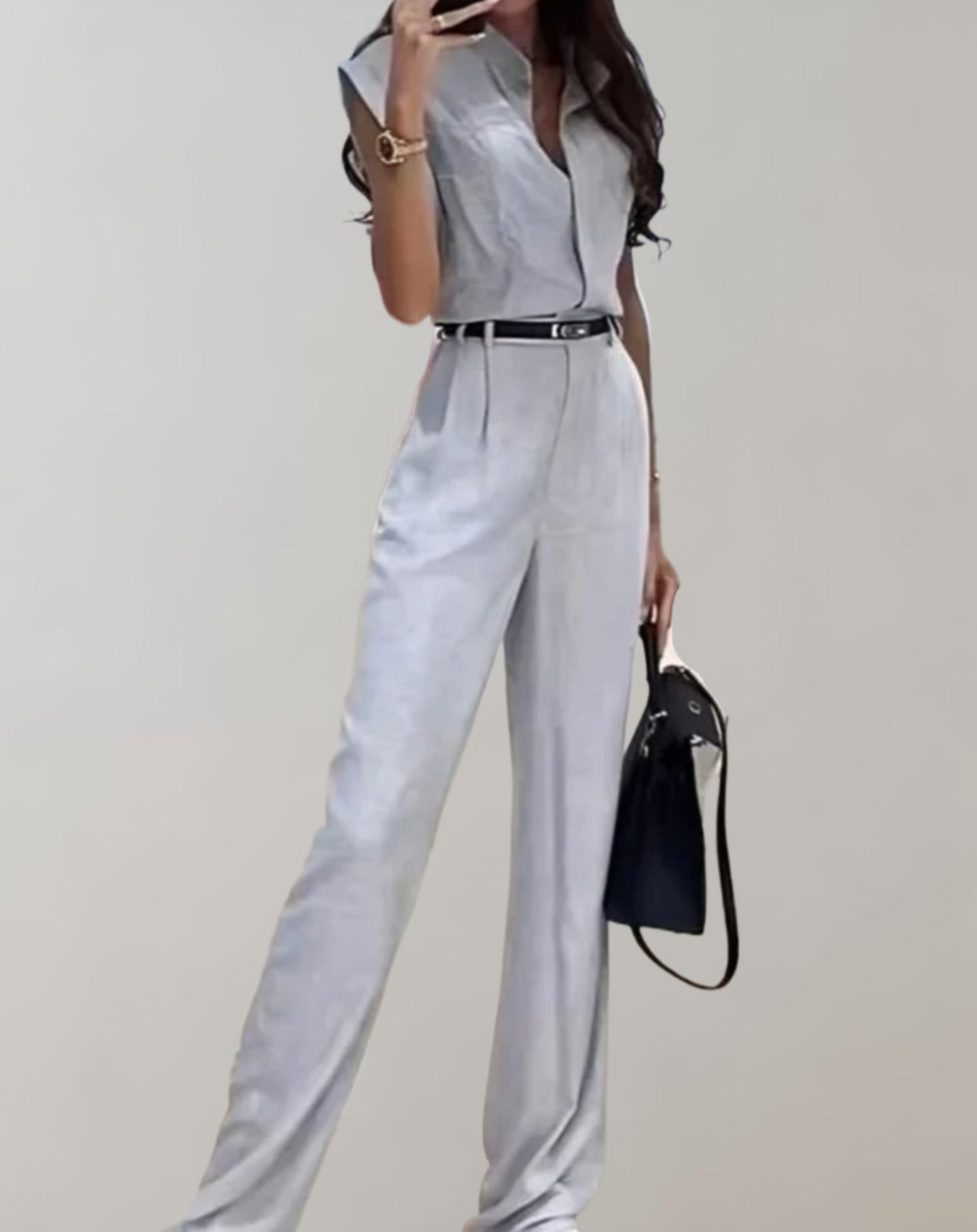 Cordilla - Button-up jumpsuit, short-sleeved top and wide-leg pants