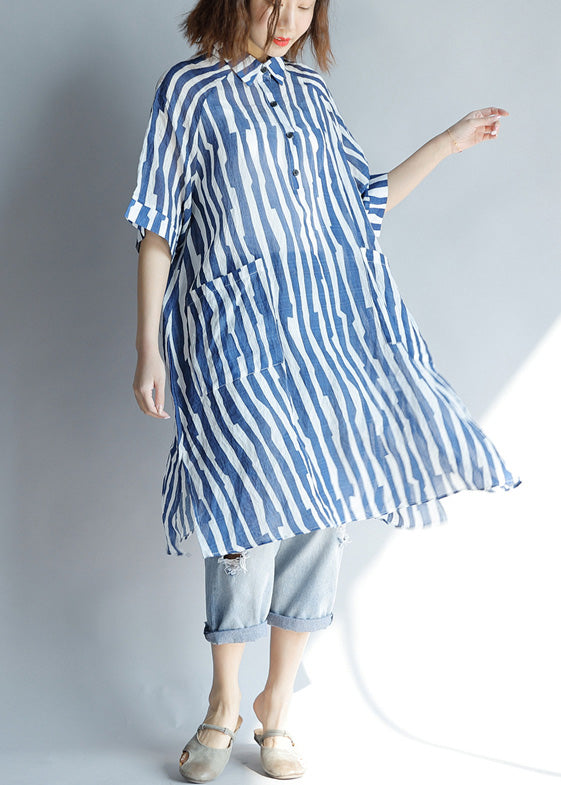 Storchia - Blue striped A-line dress with flap pockets