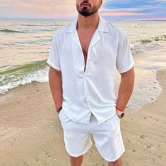 Men's White Linen Set with Blouse and Shorts - Saylor