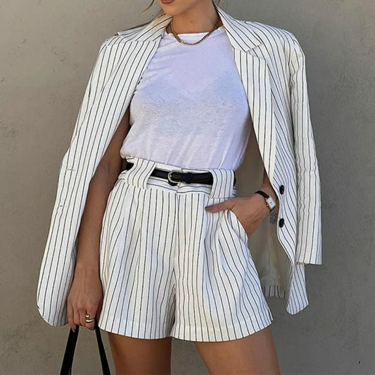 Val - Women's White Striped Blazer with Assorted Shorts