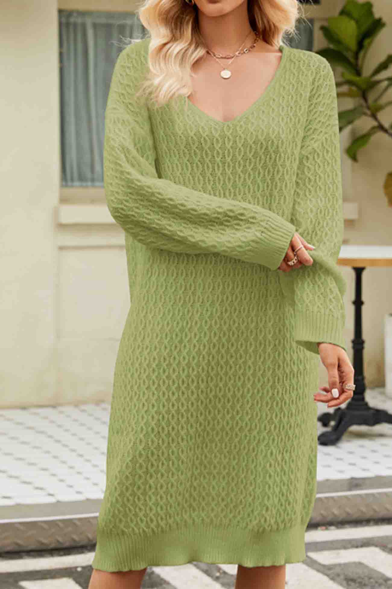 An elegant sweater dress with a spectacular V-neck for chic outfits