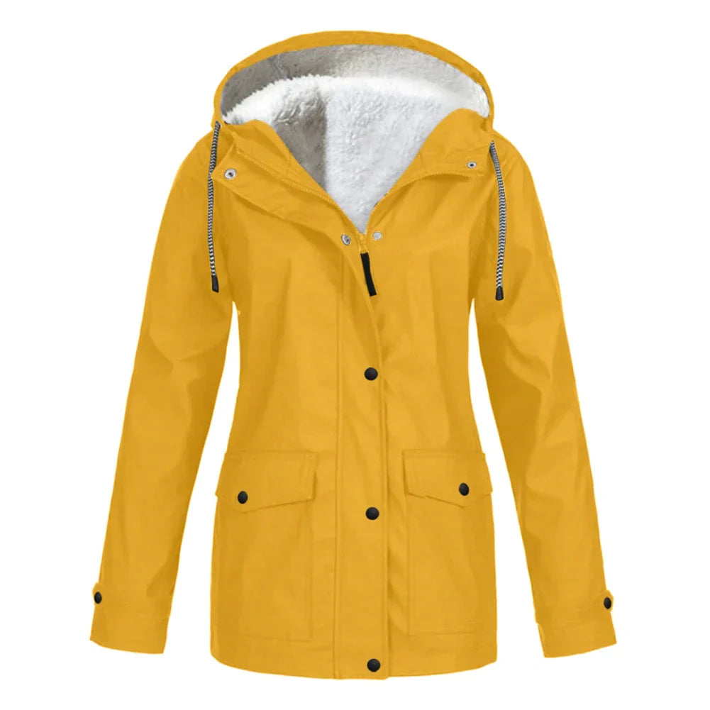 Warm rain jacket with hood and fleece lining for women | Perfect for outdoor activities in fall/winter