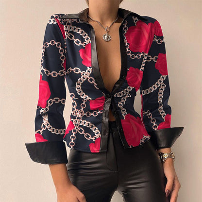 DANICA | Stylish PU Leather Patchwork Print V-neck Blouse