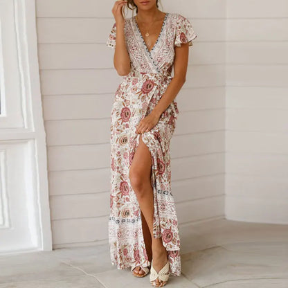 Marie - Elegant summer maxi dress with ruffles, short sleeves and deep V-neckline