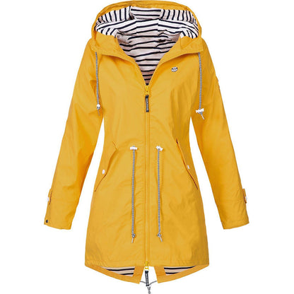 Stylish waterproof rain jacket with hood, zipper and pockets for women | Perfect for fall/winter