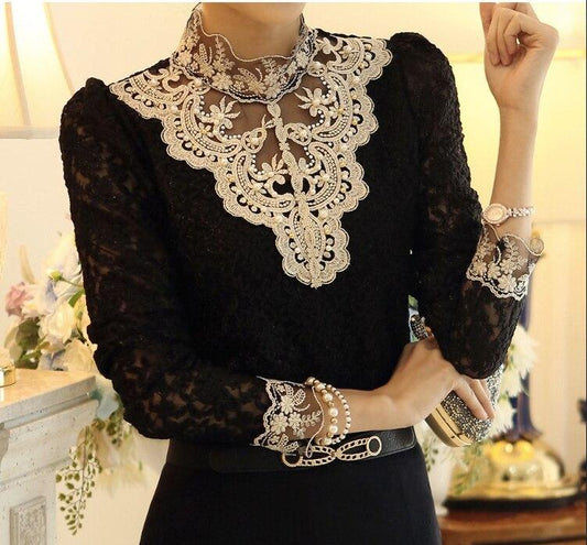 JADE - Black Lace Blouse with Funnel Neck Long Sleeve