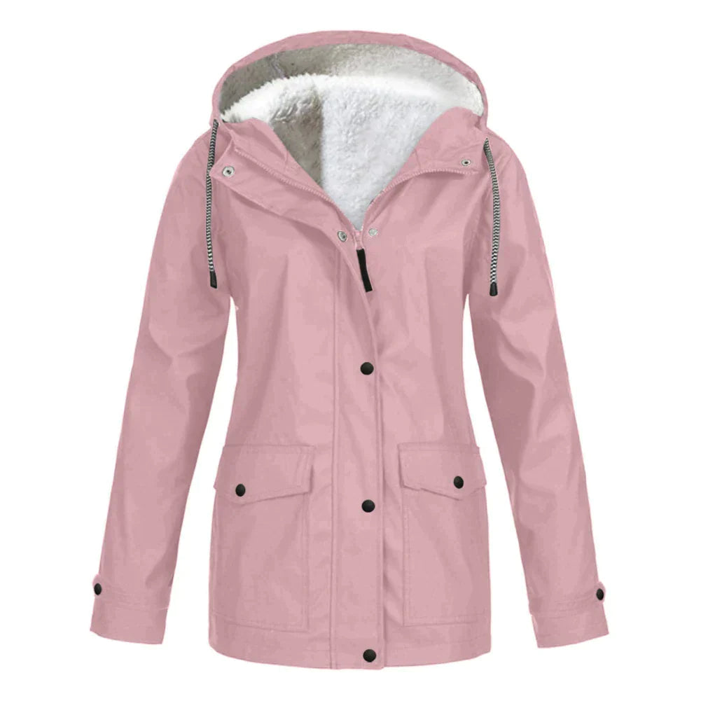 Warm rain jacket with hood and fleece lining for women | Perfect for outdoor activities in fall/winter