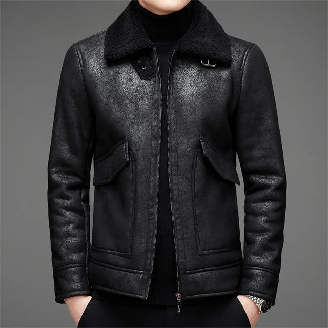 Warm vegan leather jacket with wool and hood for men | Perfect for all seasons