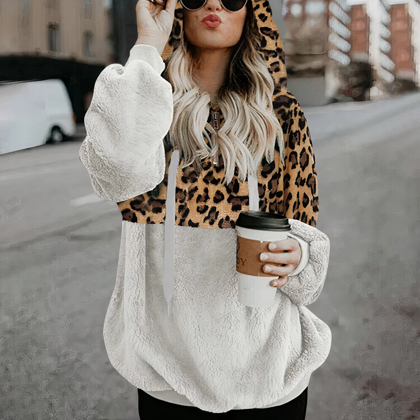 Leopart print plush hoodie - Juliana