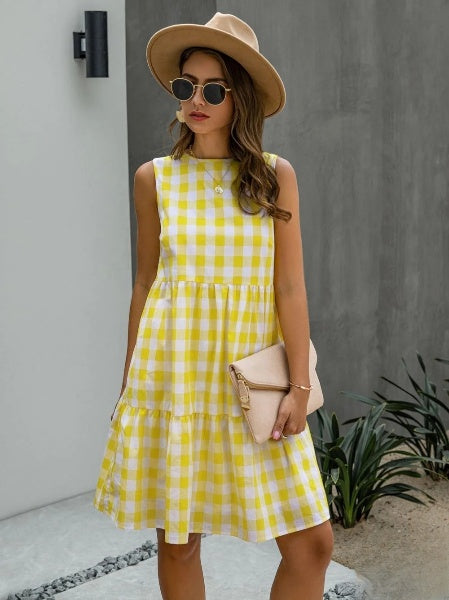 Jhana - Loose-fitting women's dress with fashionable round neckline and pastel plaid skirt