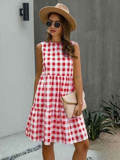 Jhana - Loose-fitting women's dress with fashionable round neckline and pastel plaid skirt