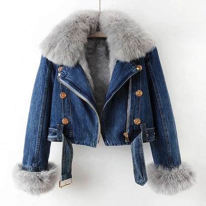 Denim jacket with fur for women