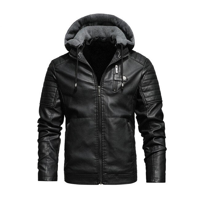 Winter biker leather jacket with hood for men | Perfect for outdoor activities