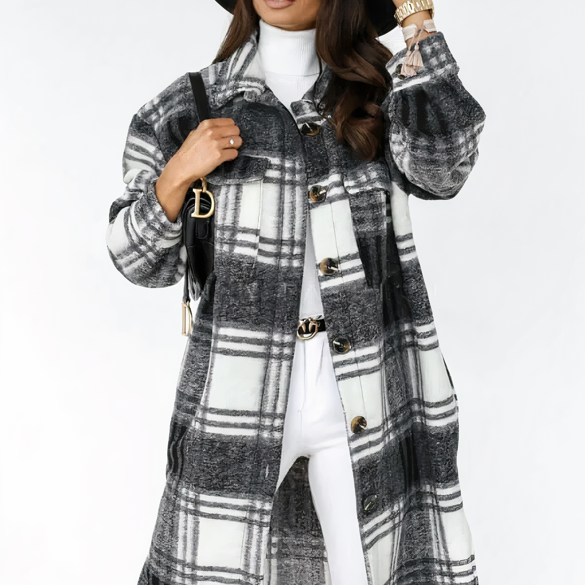 Long winter coat with check pattern - Lara