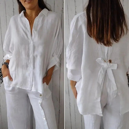 Maartje - Cotton and linen summer blouse with bow