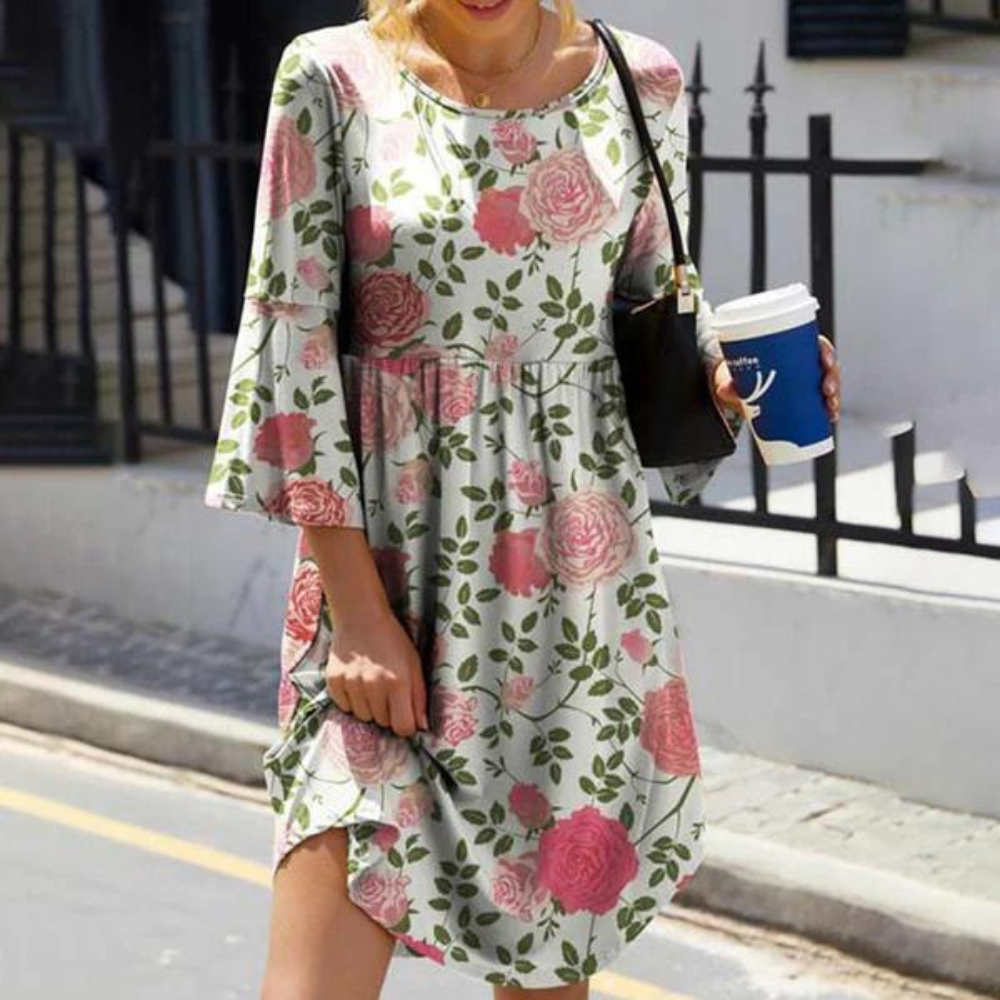 Mireille - Elegant Floral Dress with Flared Sleeves