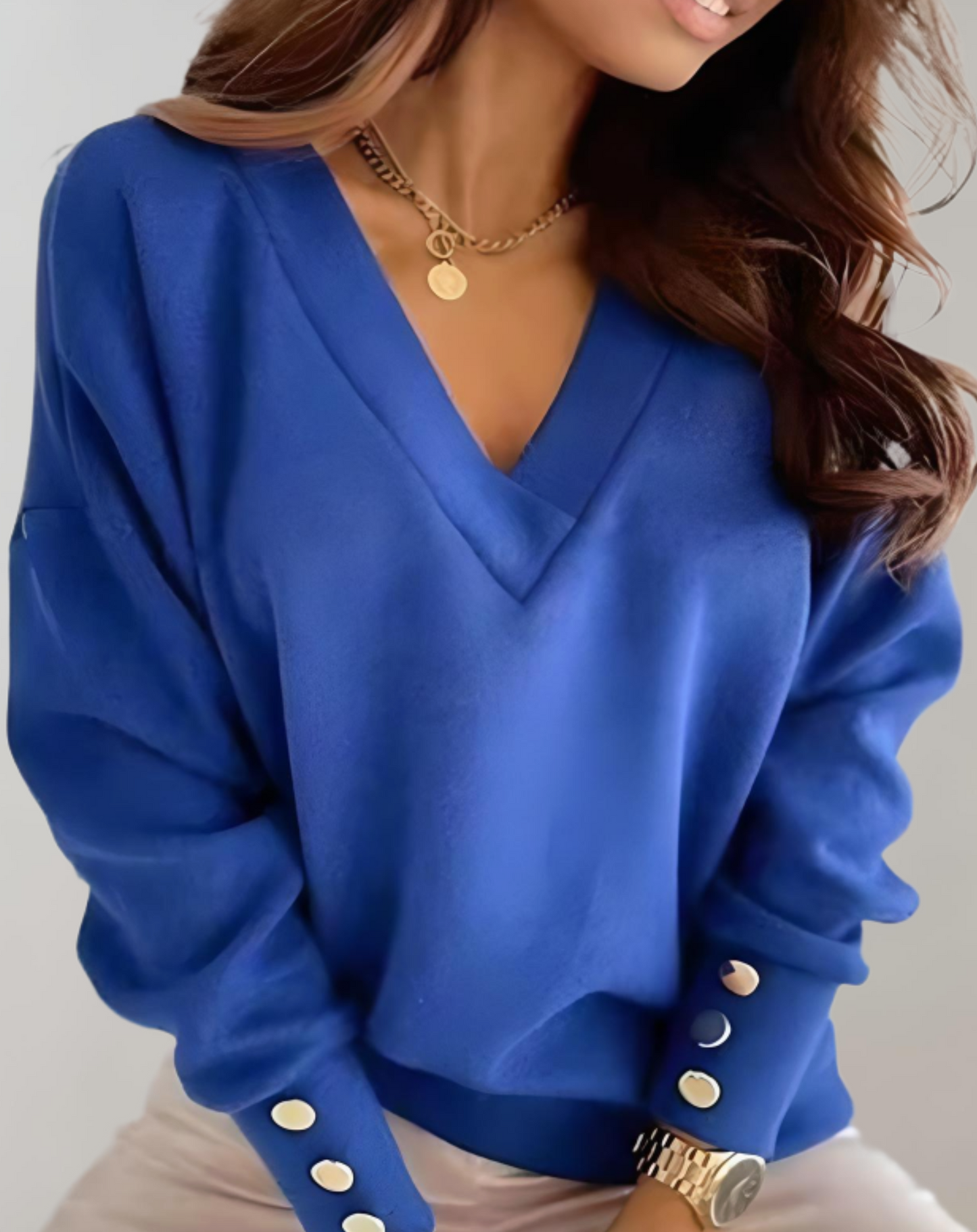 Yzabe Sweater | Women's V-neck Gold Button Sweater