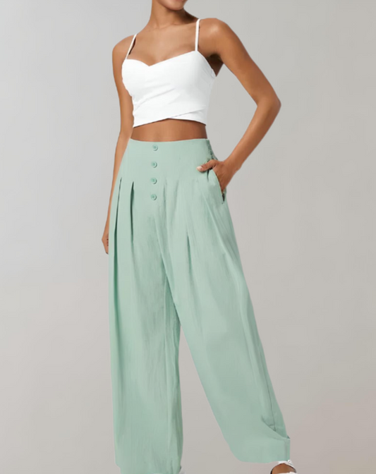 Margaux - Wide-leg pants with high waist, button closure and pockets