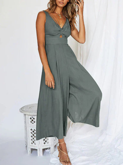 Peach - Women's V-Neck Cut-Out Jumpsuit