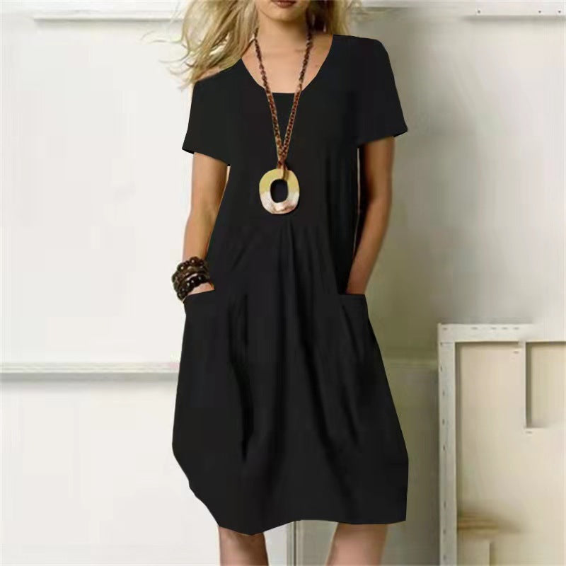 Helena -Even dress with loose round neckline and short sleeves