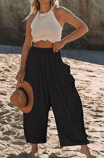 Louinda - Wide-leg cotton and linen pants with elastic waistband and pockets