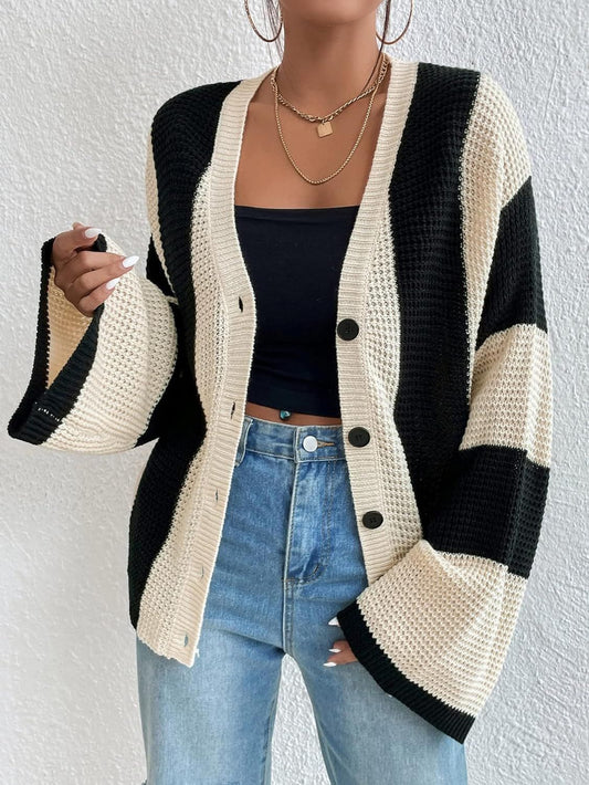 Striped knitted cardigan with bell sleeves for ladies